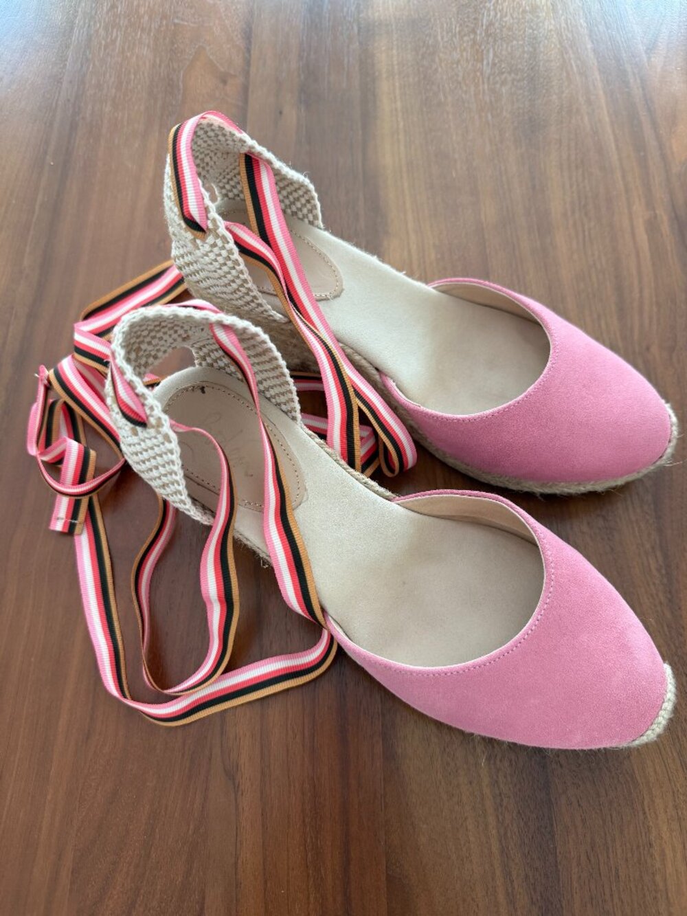 Boden Cassie Espadrille Wedge, pink suede, stripe straps - size 38